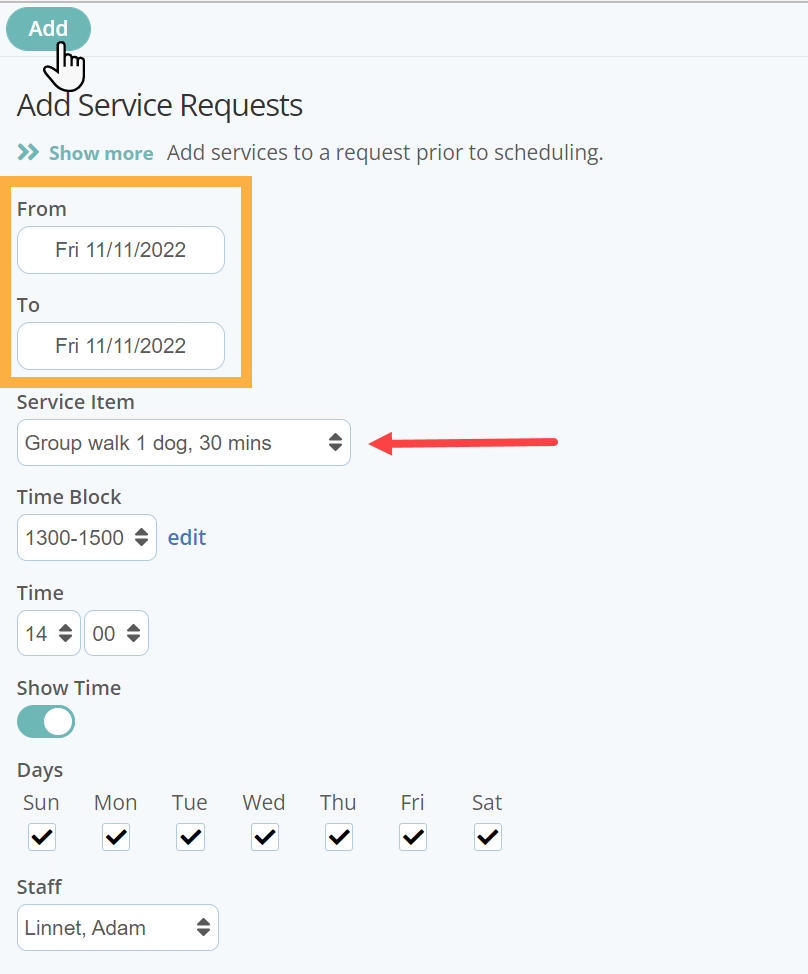 Add services to an existing service request in dog walking software