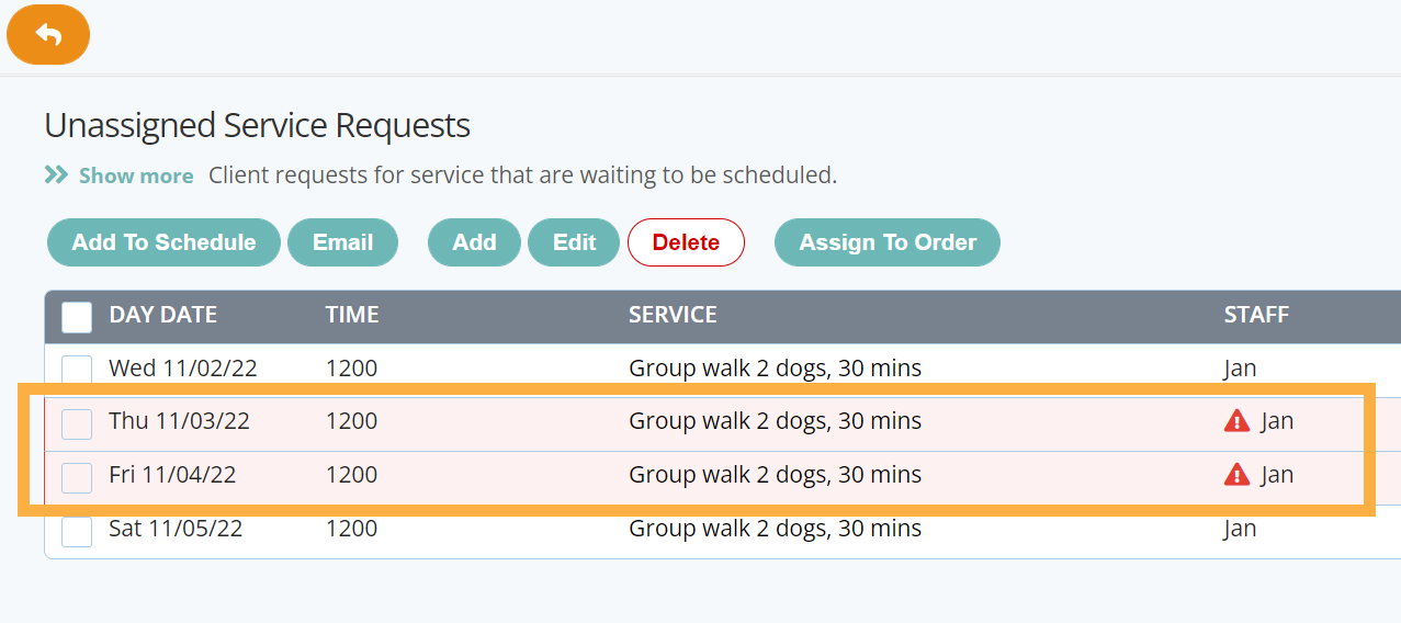 Service request conflict from staff time off in dog walking software