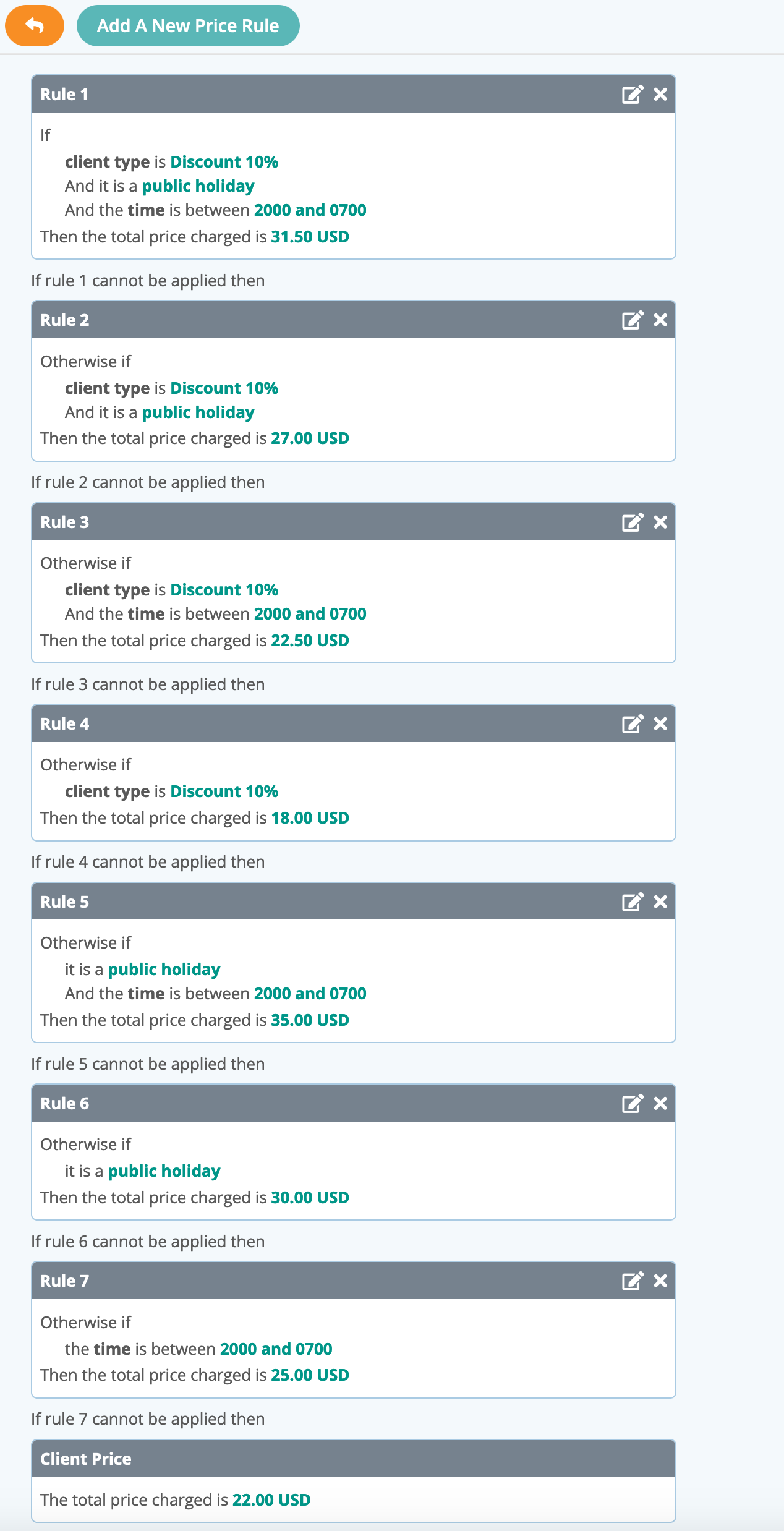 A typical service with multiple conditions in pet sitting software