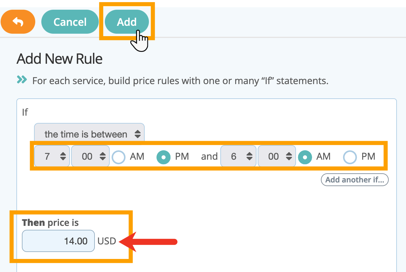 Add a price rule for services between certain times in your service item in cat sitting software