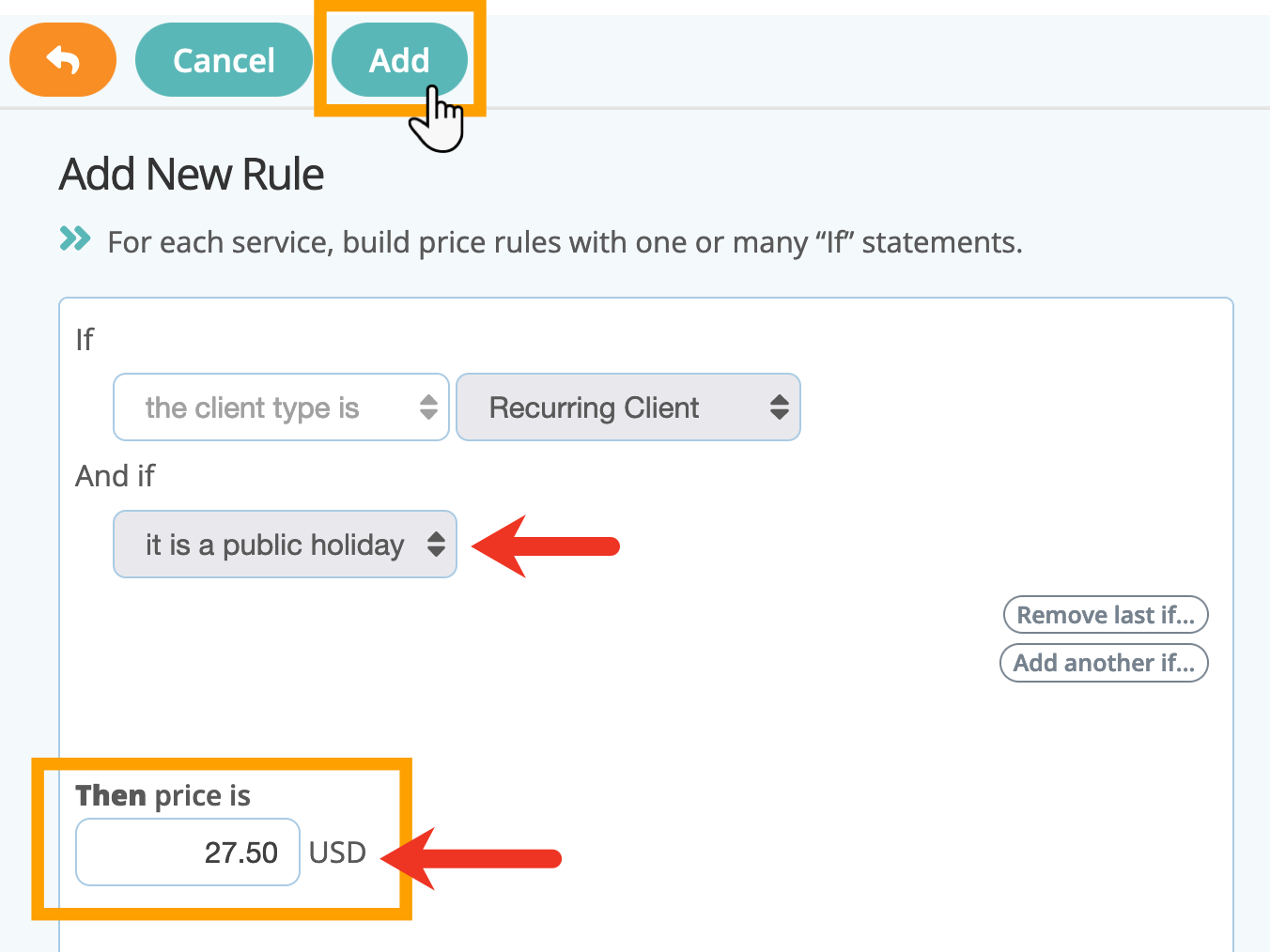 Add a second multiple price rule based on client type in your service item in pet sitter software