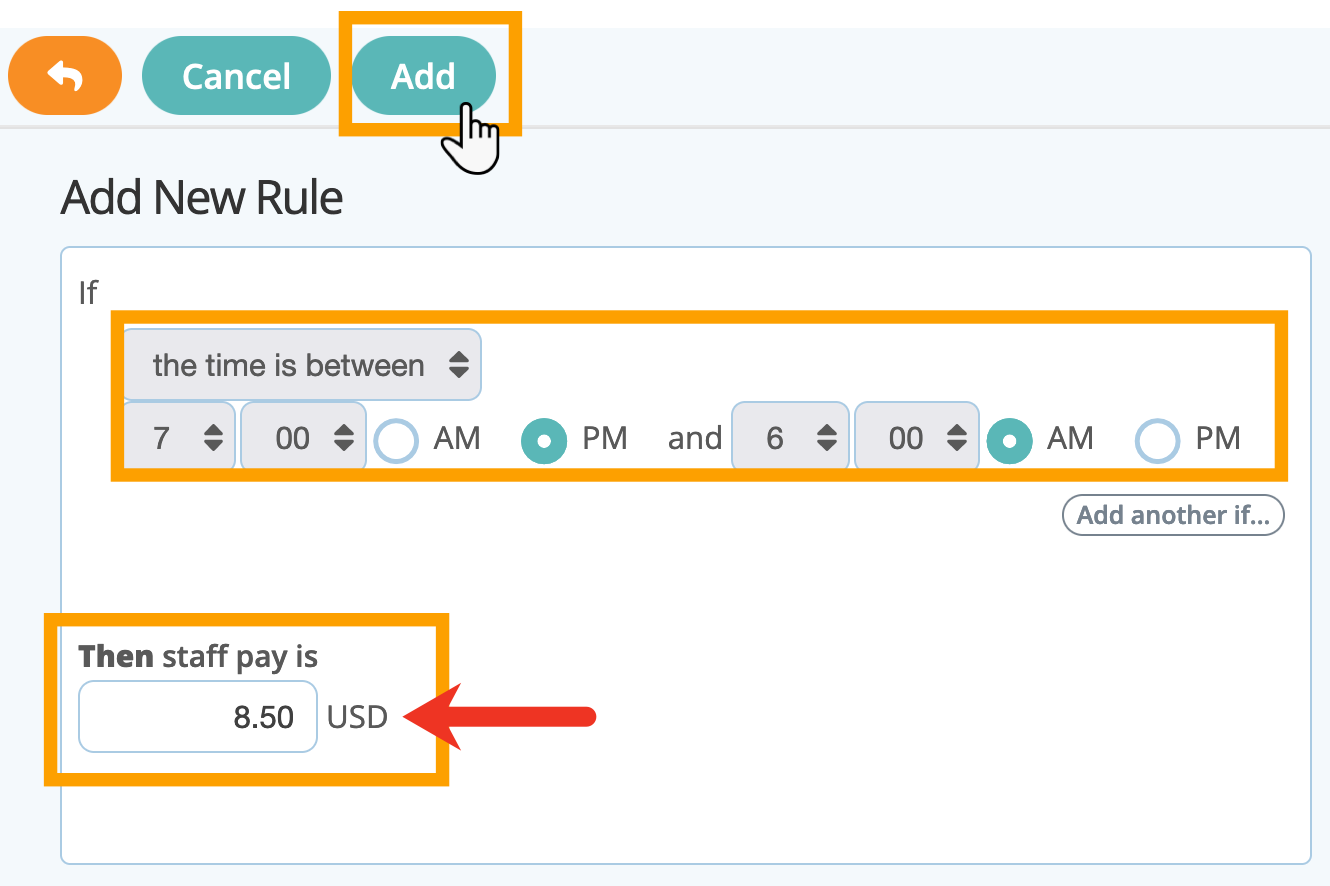 Add a staff pay rule for services between certain times in your service item in cat sitting software