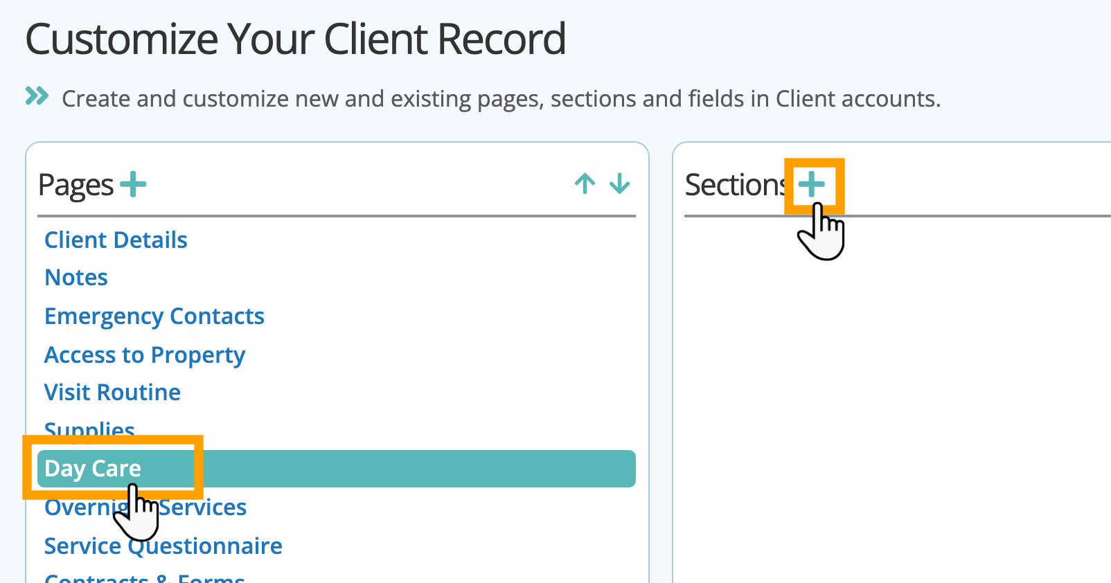 add a section to a page in custom fields in dog walking software