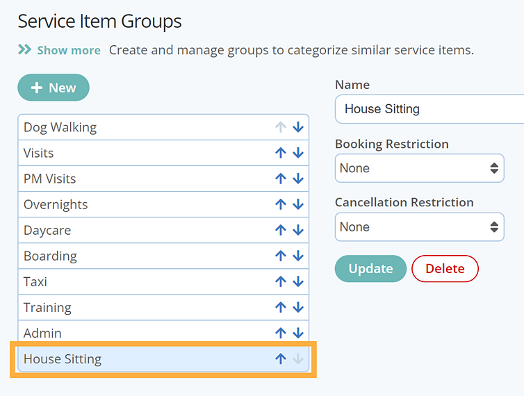 View your new service item group in pet sitter software