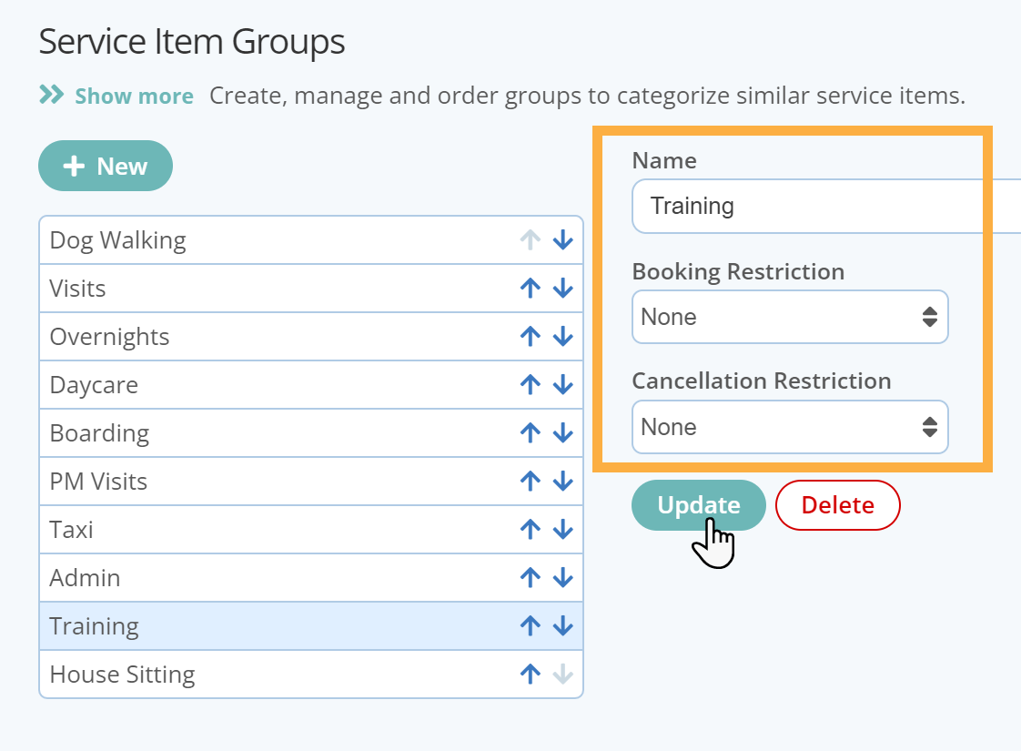 Edit your service item group in pet sitter software