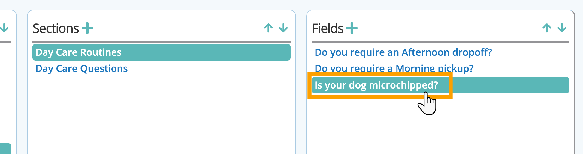 Select a field to move to another section in your cat sitter software