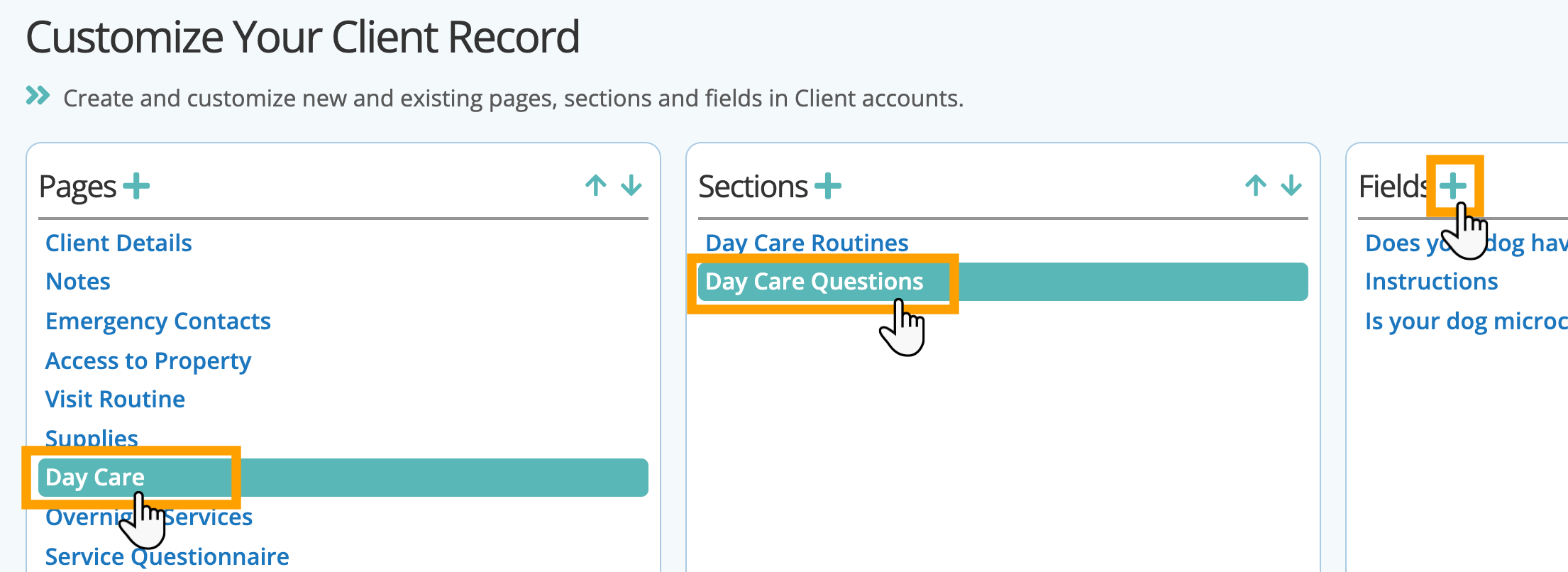 add a field to a section on a page in custom fields in dog walking software