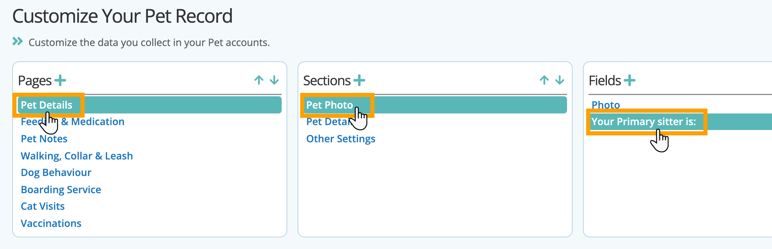 Select a field to customize in custom fields in pet sitting software