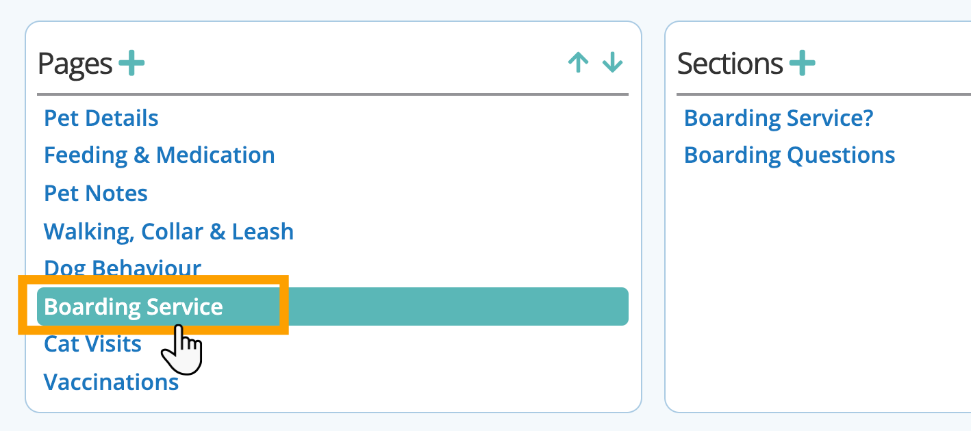 Select a page, section or field to customize in custom fields in pet sitting software