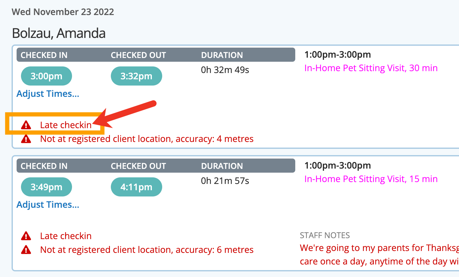 See notifications in gps monitor in dog walking software