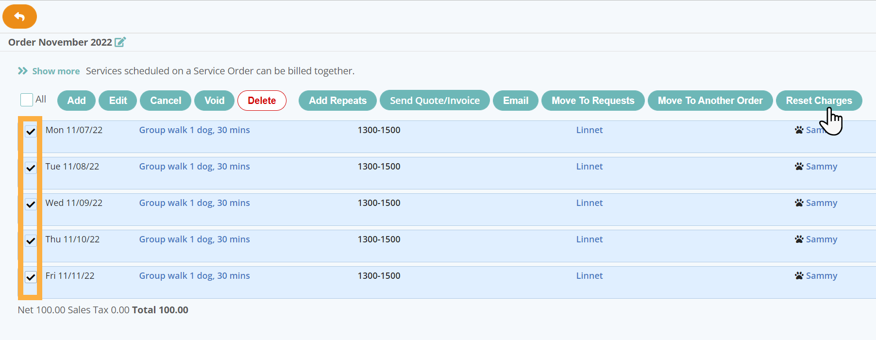 Reset charges in a Client Service Order in Dog Daycare Software