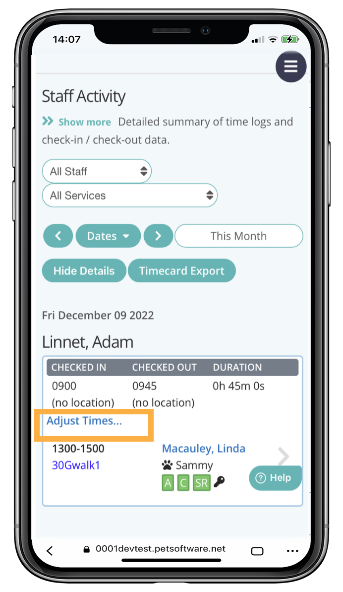 Access the Staff Activity report to edit Check-in Check-out times in Dog Walking Software