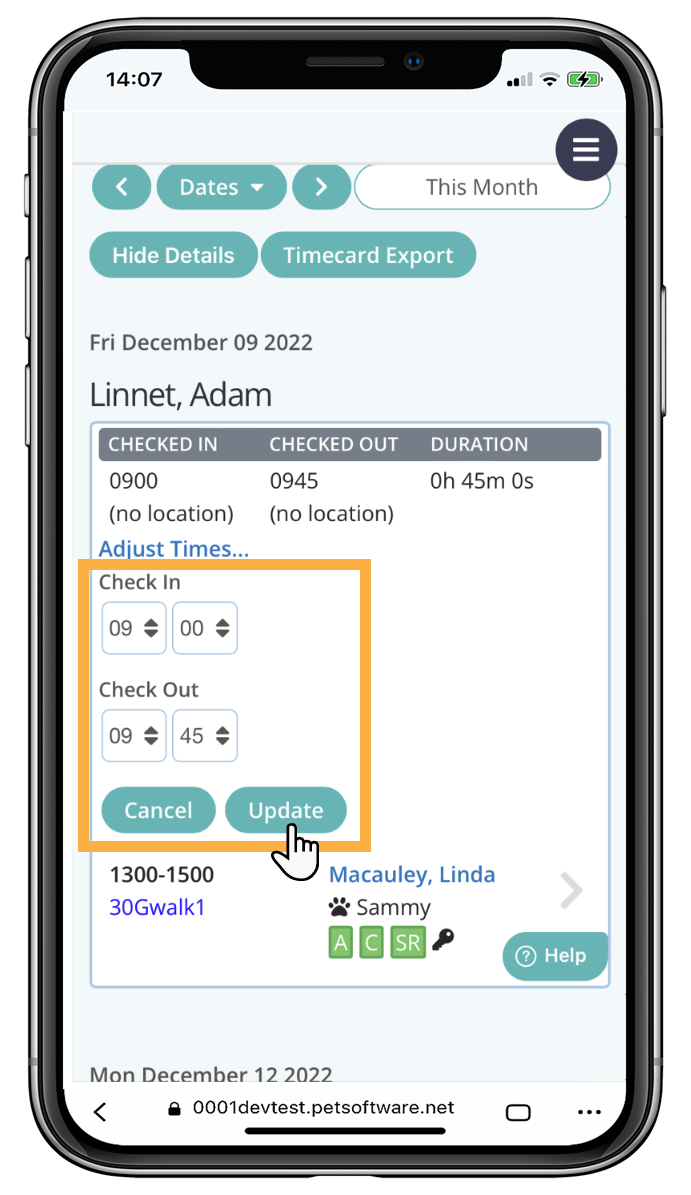 Change the check in check out times from the staff activity report in Pet Sitting Software