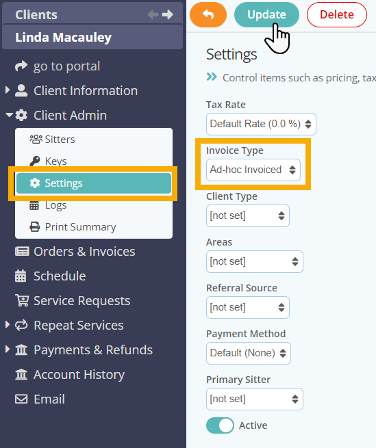 Learn how to change the Invoice Type on a clients account on dog walking software