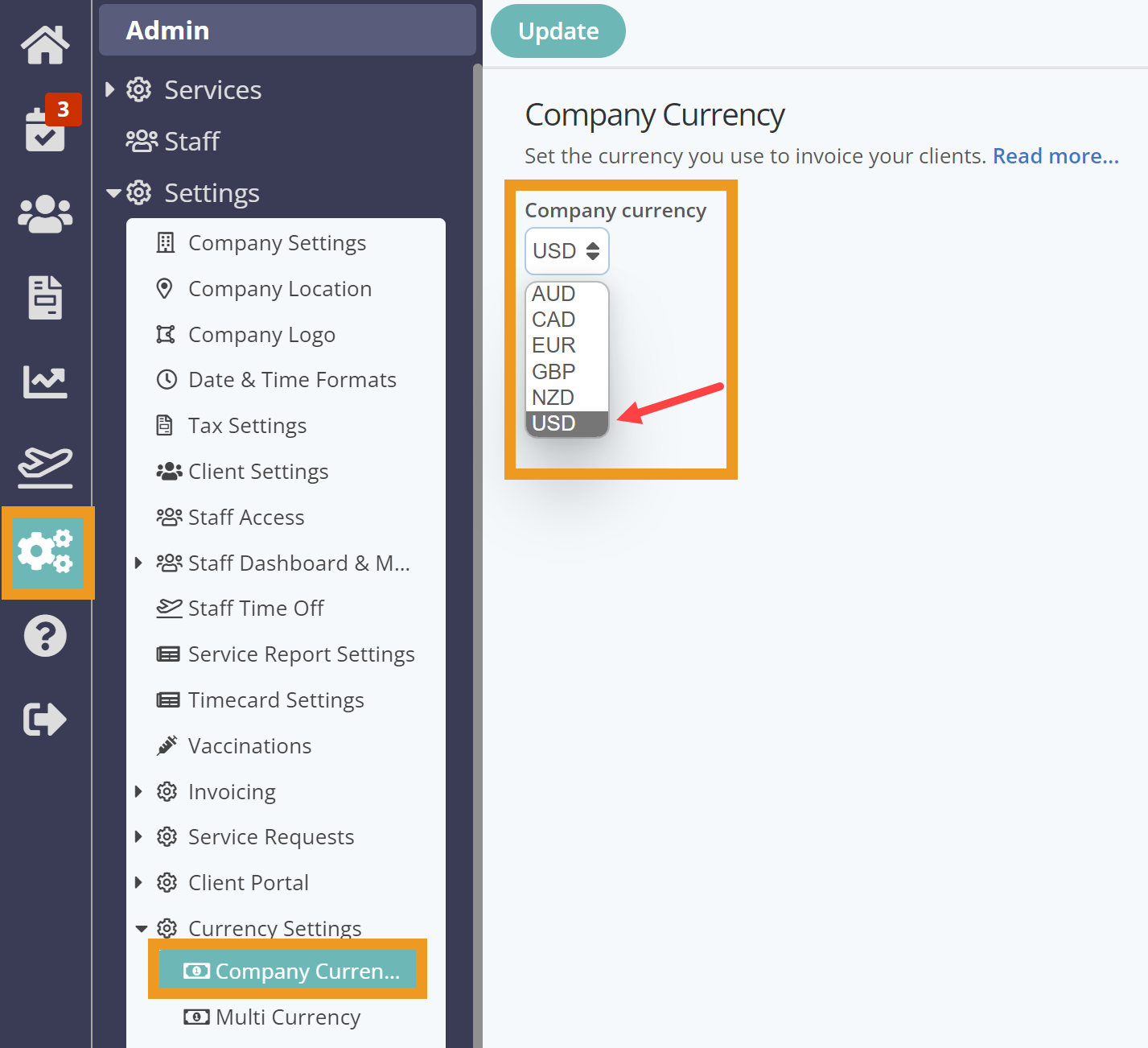 Add the currency settings to company settings in cat sitting software