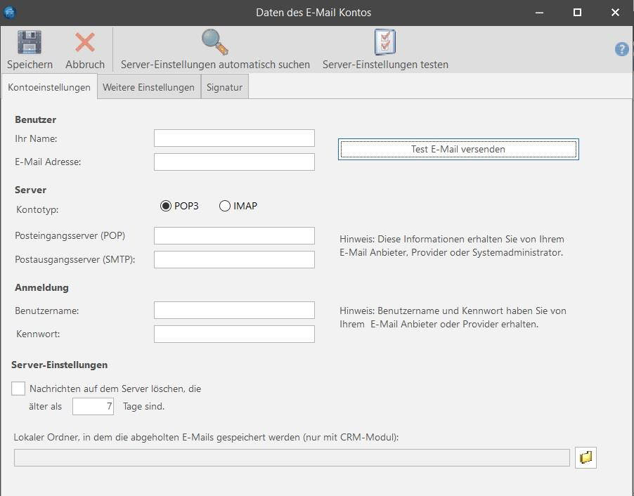 Daten des E-Mail Kontos - Kontoeinstellungen