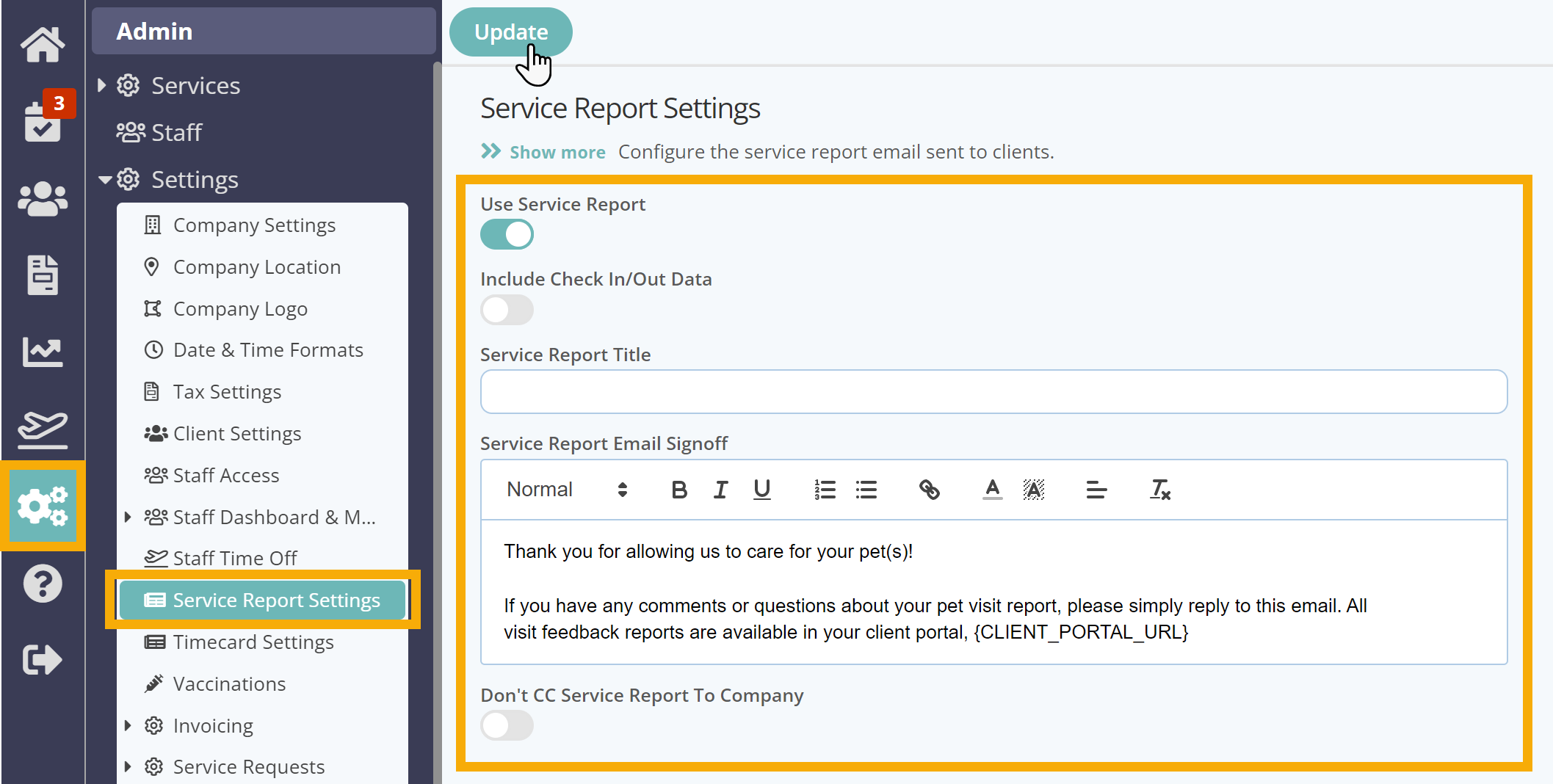 Edit the Service Report Email sent to clients in pet sitting software