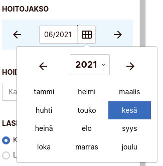 Hoitojakson kuukausivalitsin avattuna