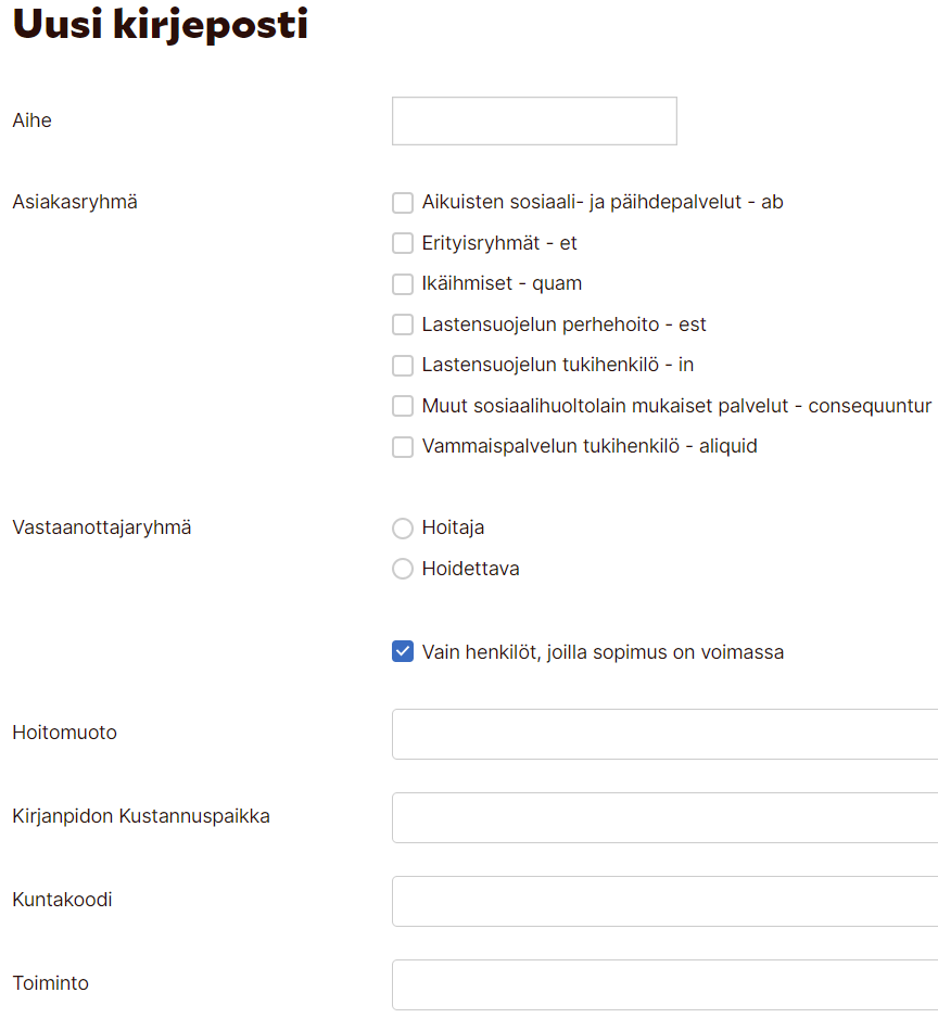Kuva uuden kirjepostin luomistilasta