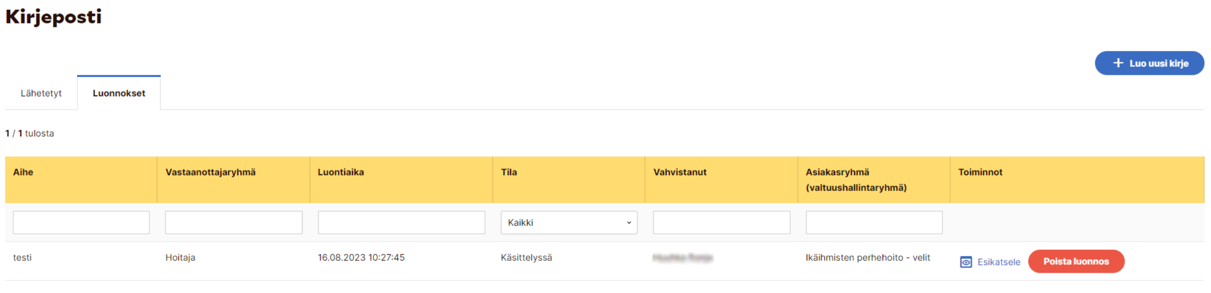 Kuva lähetettyjen kirjeiden välilehdistä