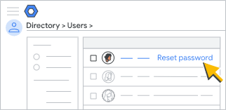 A user is selected and an arrow points to the Reset password option.