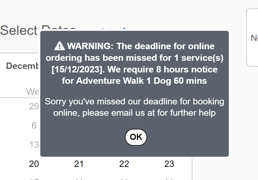 Client error message triggered by your booking and cancellation cut off times in pet sitter software