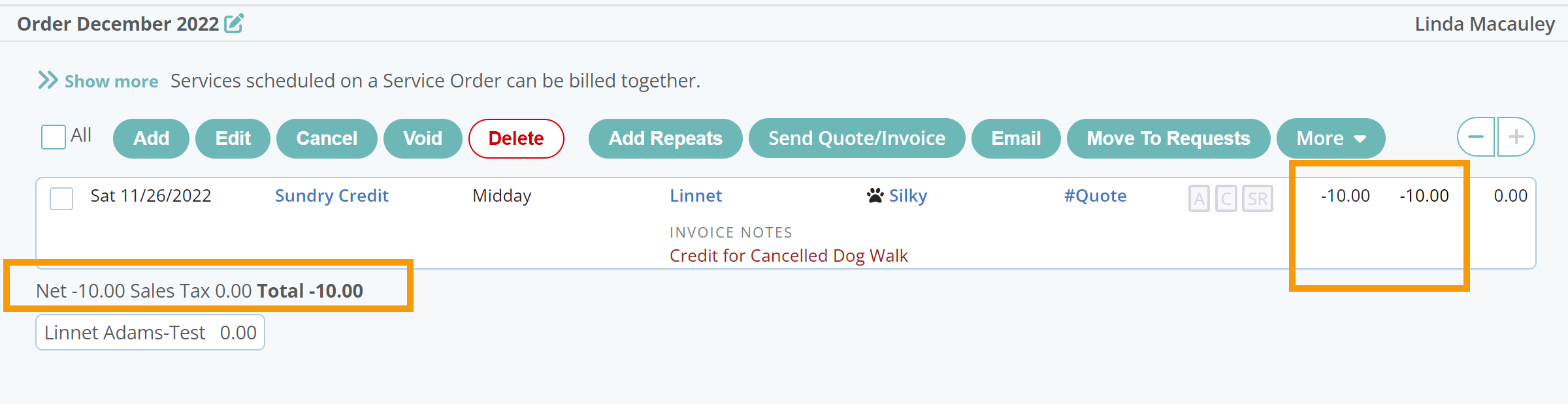 View newly added Credited Service Order in Dog Walking Software