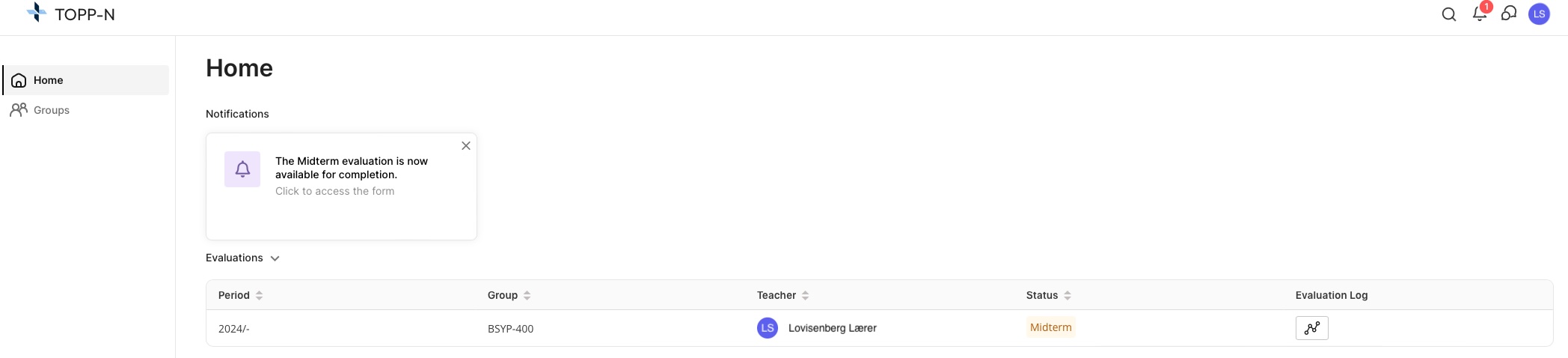 Hjemsiden til en student der vurderingsskjema er klart og med status midtvurdering