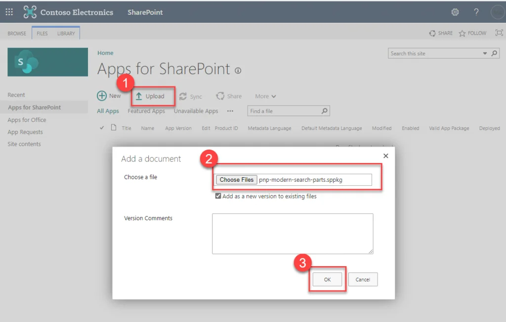 Upload PnP Modern Search Web Parts to the SharePoint App Catalog.