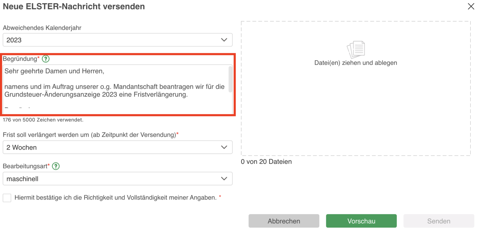Feld Begründung automatisch ausgefüllt