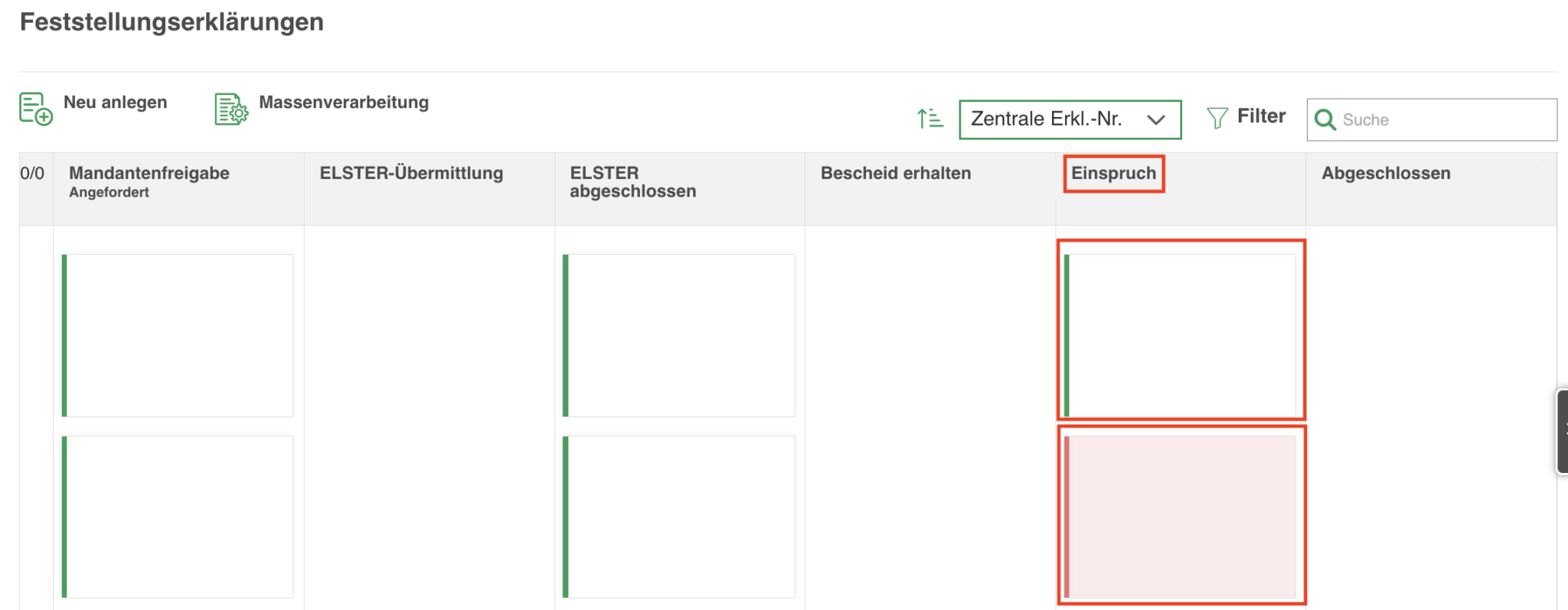 Übersicht Einspruch Status