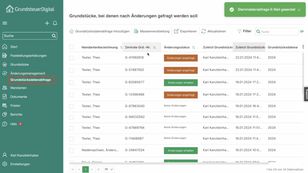 Übersicht versendeter Anfragen