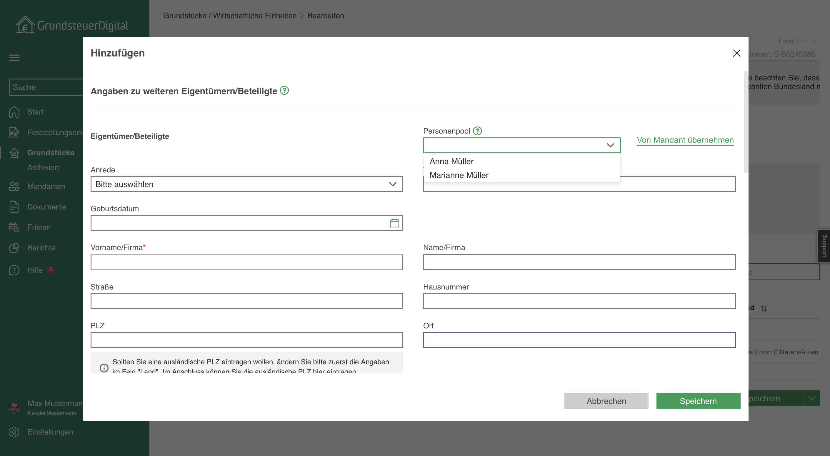 Personenpool Eigentumsverhältnisse Screenshot