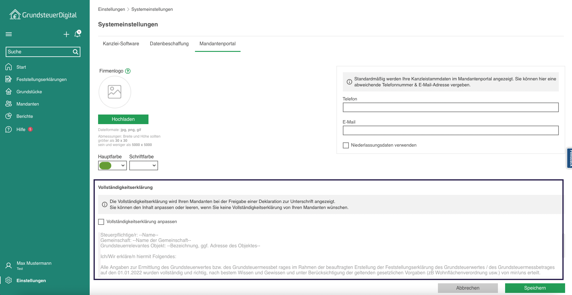 Screenshot Vollständigkeitserklärung