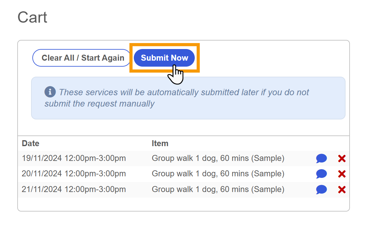 Check service requests before submitting in the portal in dog walker software