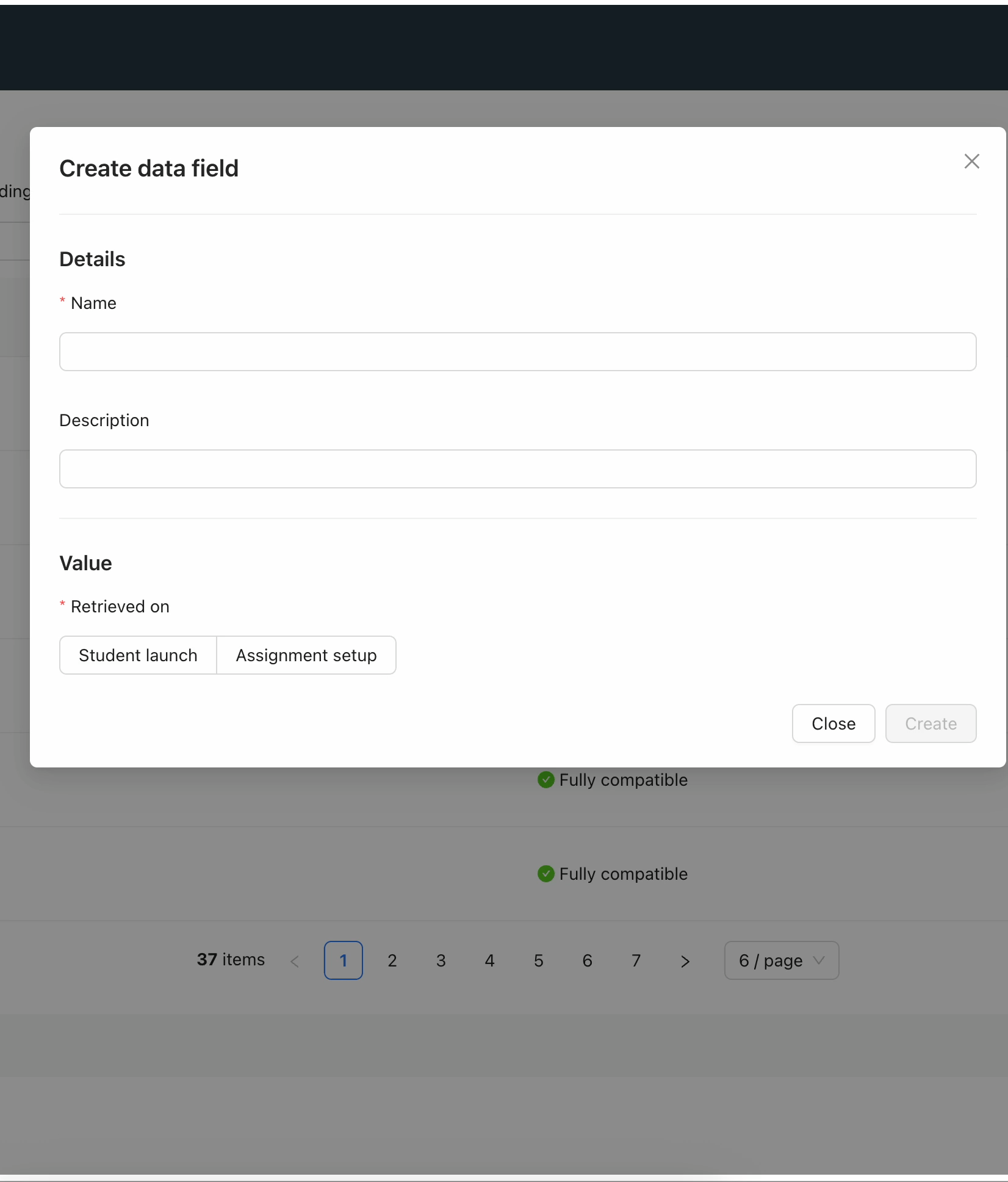 Fig 2. An animation showing the new ‘+ Create data field’ modal. New elements include the ‘Value’ sub-header, within which are the ‘Retrieved on’ and ‘Data source’ radio buttons and a ‘Source configuration’ sub-header, within which is shown the Custom field’s ‘Field name’ input box.