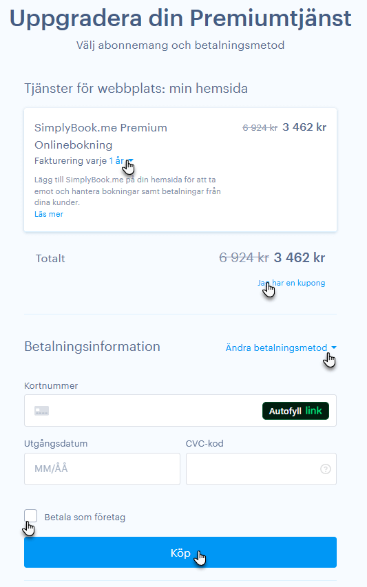 Betala för tilläggstjänsten simplybook.me