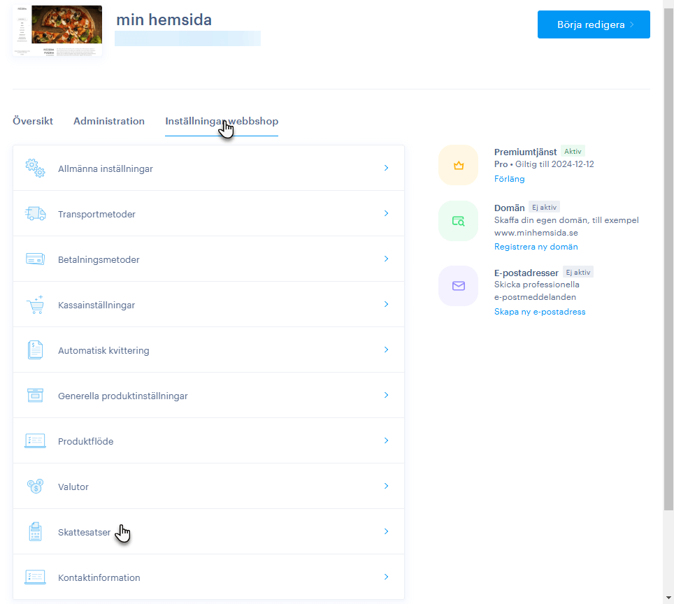 I projektets administrationspanel hittar du skattesatser.