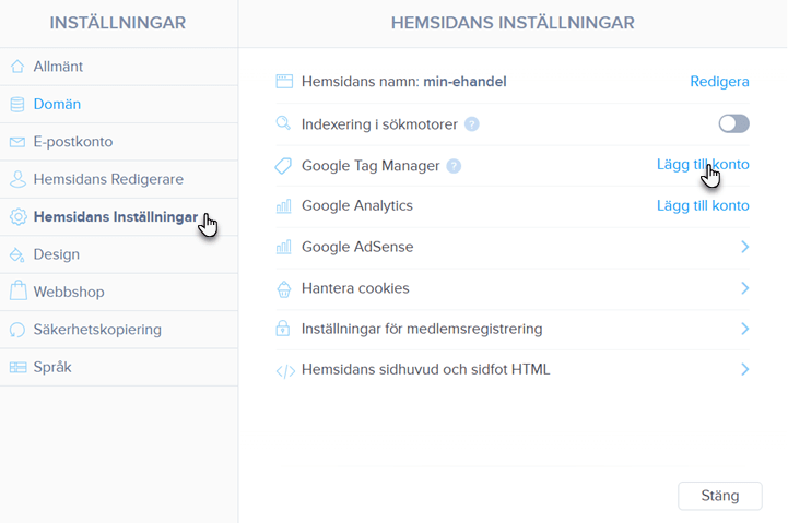 Hemsidans inställningar i Webnode, där du kan lägga till Google Tag Manager