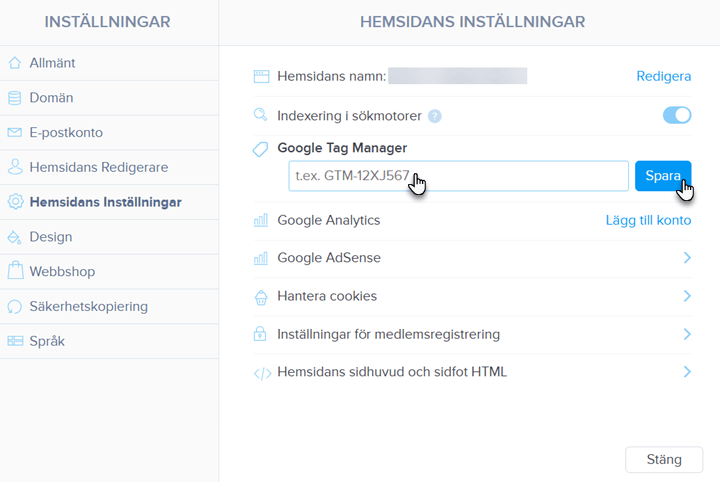 Fältet för att lägga till Google Tag Manager-ID
