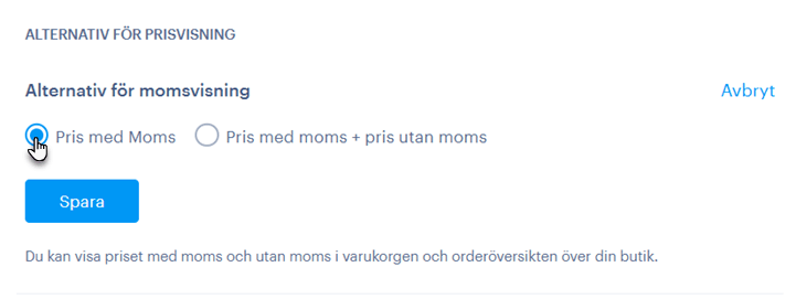Alternativ för prisvisning, momsvisning