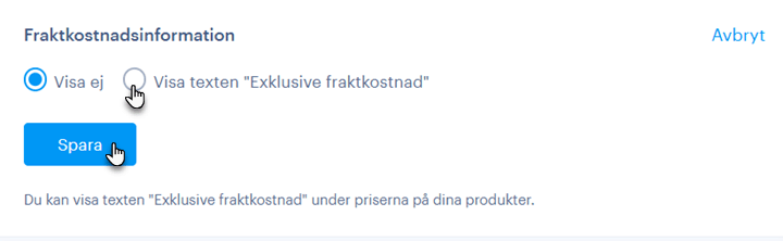 Välj fraktkostnadsalternativ, exklusive fraktostnad