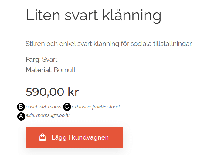 Visning av inställningarna på produktsidan