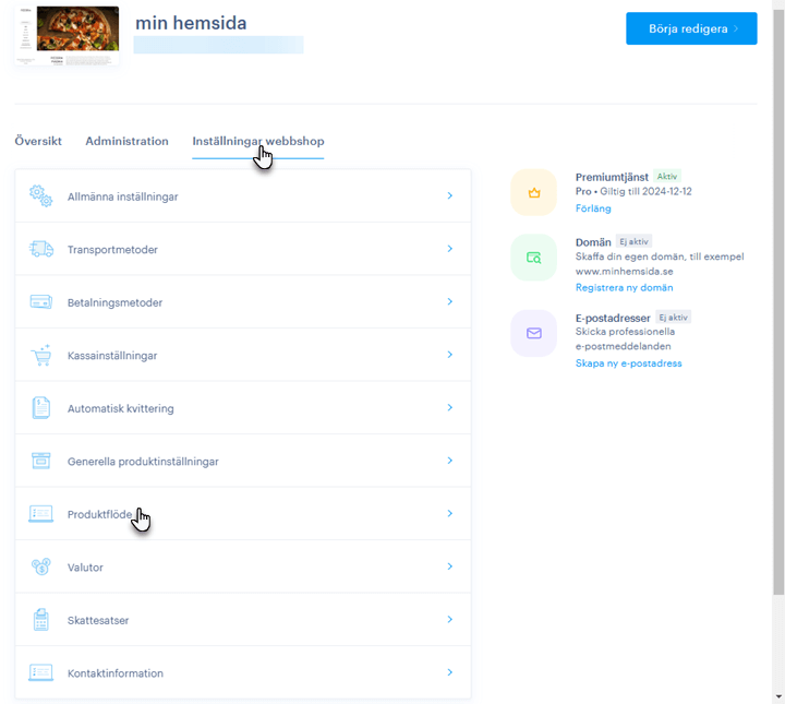 I projektadministrationen hittar du Produktflöde, där du kan aktivera hemsidan för prisjämförelsesajter.