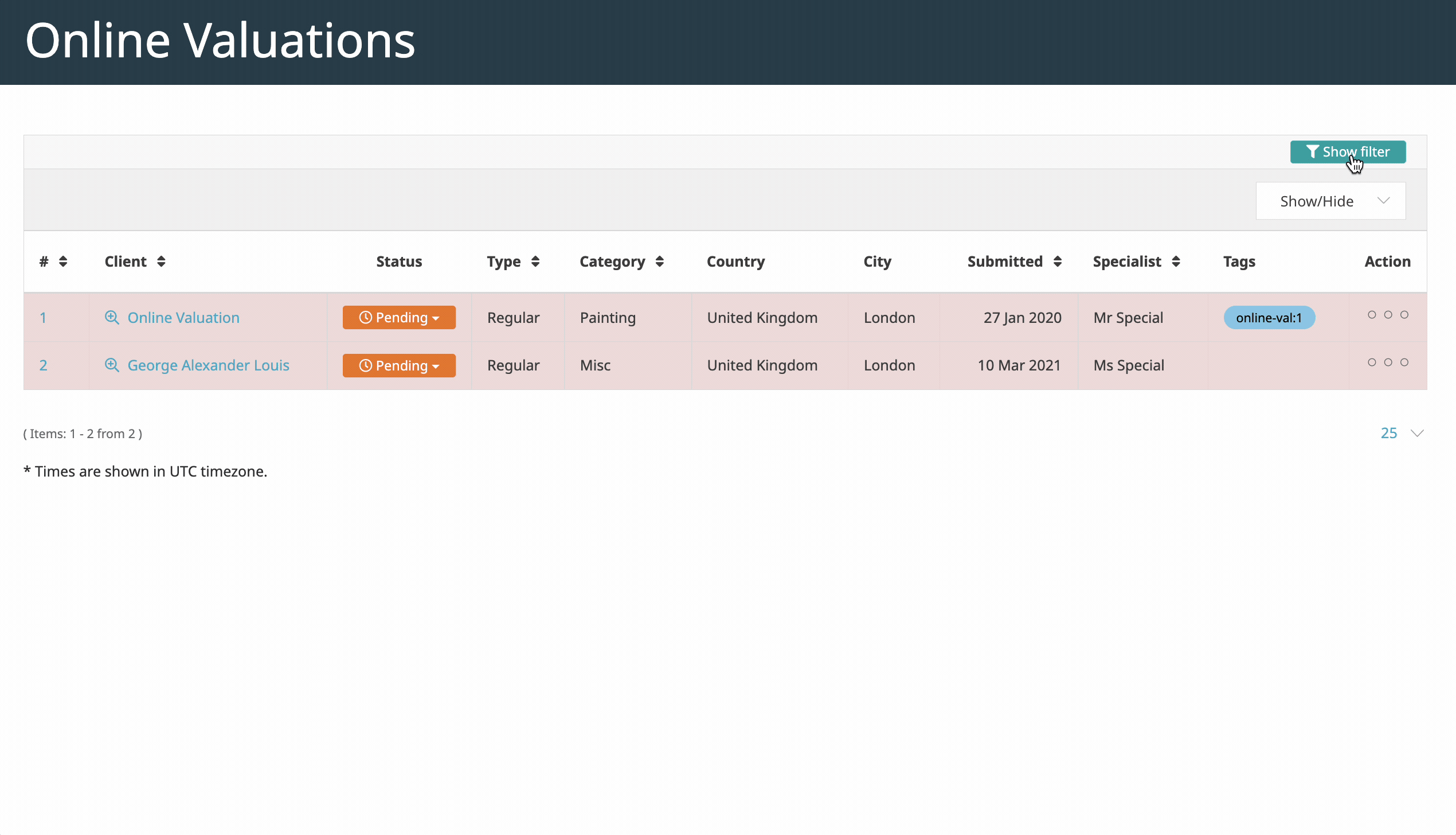 Online Valuations Datagrid