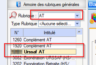 "Armoire des rubriques générales" avec section de recherche comportant :  Champ "Rubrique" avec valeur "AT" dans un menu déroulant Champ "Type Rubrique" avec option "Aucune sélection..." Liste des rubriques filtrées affichant : Urssaf AT encadrée en rouge car il s'agit de la rubrique à modifier.