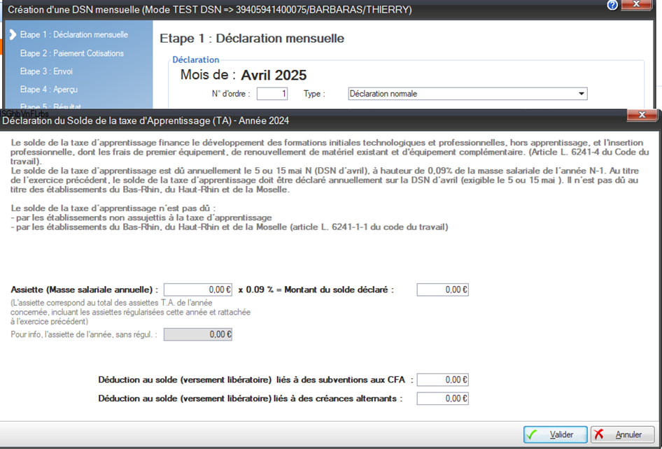 Capture d’écran d’un formulaire logiciel de déclaration mensuelle DSN pour avril 2025, affichant la section « Déclaration du solde de la taxe d’apprentissage – Année 2024 », avec champs pour saisir l’assiette salariale annuelle, le montant du solde déclaré, et les déductions liées aux subventions et créances d’alternants.