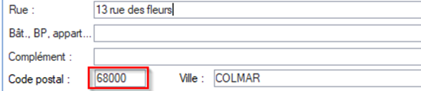 Formulaire de saisie d’adresse avec champs « Rue », « Code postal » et « Ville »