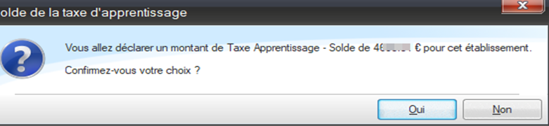 Message pour confirmer le montant du solde de la taxe d'apprentissage que l'on souhaite déclarer pour l'établissement .