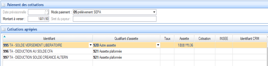 Bordereaux des cotisations Urssaf comportant deux sections : Section supérieure "Paiement des cotisations" avec :  Champ "Date prévisionnelle" (vide) Menu déroulant "Mode paiement : 05 prélèvement SEPA" Champ "Montant à verser" avec valeur "36-30" Zone "Siret du payeur" (vide)  Section inférieure "Cotisations agrégées" sous forme de tableau avec colonnes : Identifiant, Qualifiant d'assiette, Taux, Assiette, Cotisation, INSEE, Identifiant CRM. Trois lignes de données :  995 TA - SOLDE VERSEMENT LIBÉRATOIRE avec qualifiant "920 Autre assiette", taux 18, assiette 36 (ligne mise en évidence) 996 TA - DÉDUCTION AU SOLDE CFA avec qualifiant "921 Assiette plafonnée" 997 TA - DÉDUCTION SOLDE CRÉANCE ALTERN avec qualifiant "921 Assiette plafonnée"
